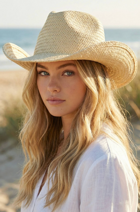 Woman wearing a straw cowboy hat on a beach