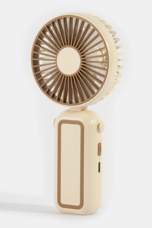 Portable fan with beige body and brown accents on a white background