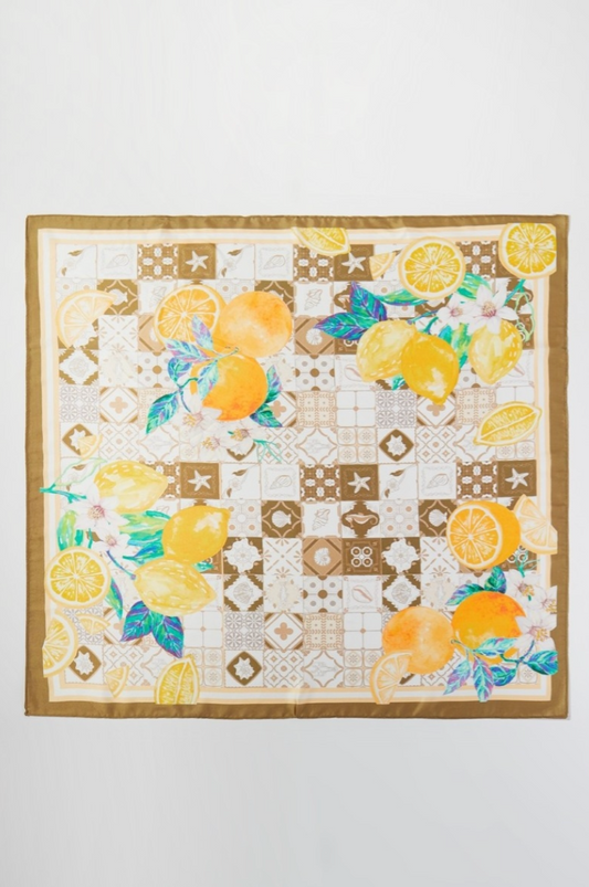 Neck scarf with lemon pattern on a white background