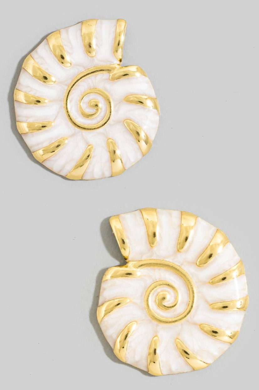 Pair of earrings with white and gold spiral design on a gray background