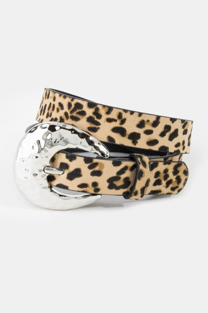 Leopard print belt with a silver buckle on a white background
