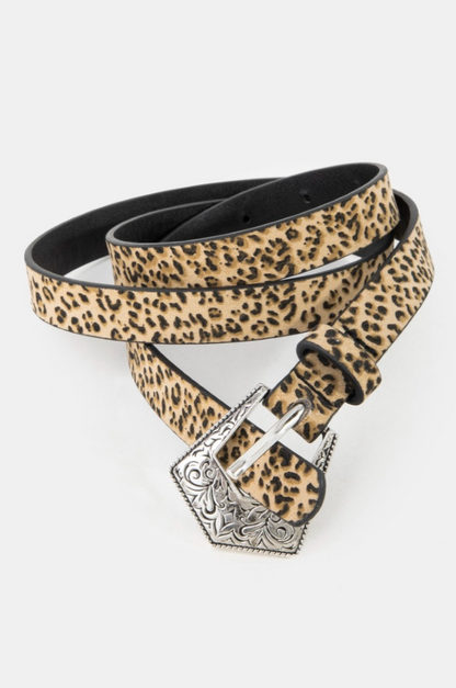 Leopard print belt with a silver buckle on a white background