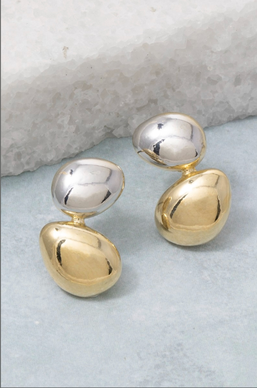 Two-tone drop earrings featuring polished silver and gold organic pebble shapes.