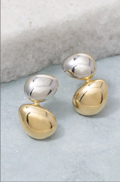 Two-tone drop earrings featuring polished silver and gold organic pebble shapes.