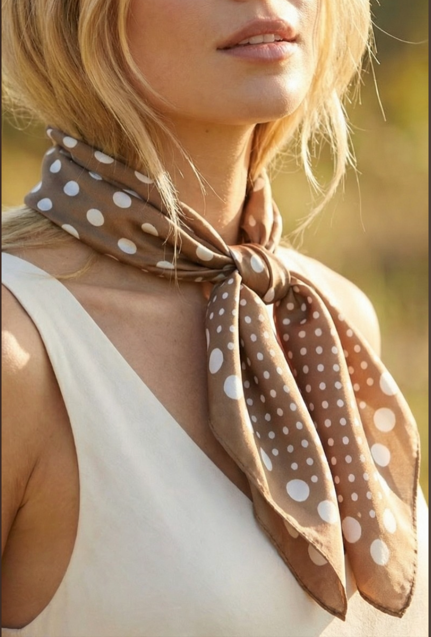 Beige satin square scarf with an ombré white polka dot print styled as a neck scarf.