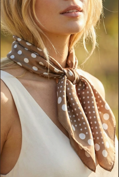 Beige satin square scarf with an ombré white polka dot print styled as a neck scarf.