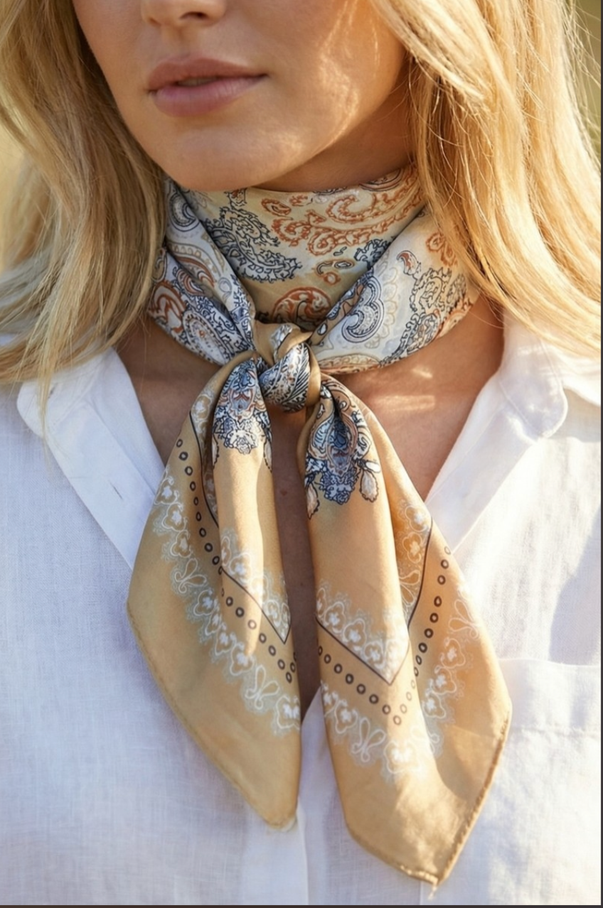 Rust satin square scarf featuring an ornate paisley medallion print with an ivory decorative border.