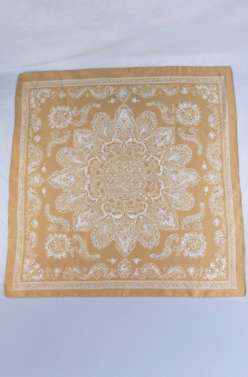 Brown satin square scarf featuring an intricate ivory mandala and paisley print with a decorative border.