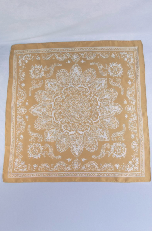 Brown satin square scarf featuring an intricate ivory mandala and paisley print with a decorative border.