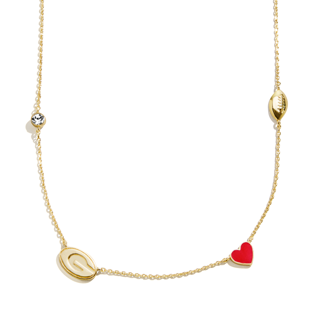Official University of Georgia gold charm necklace featuring the UGA logo, football charm, red enamel heart, and clear stone on a delicate chain.