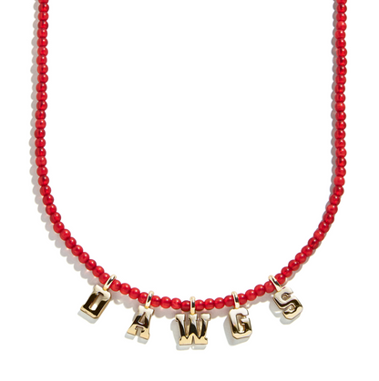 University of Georgia delicate red beaded necklace with dangling gold DAWGS letter charms.
