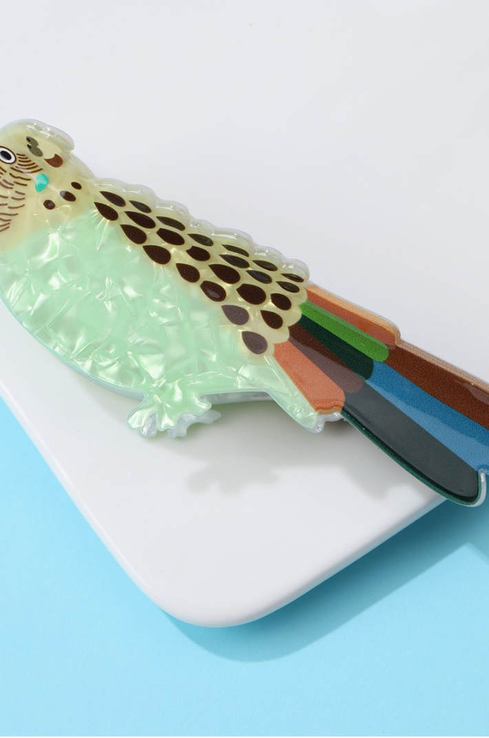 Bird-shaped acetate hair claw clip with pearlescent mint body and colorful feather tail.