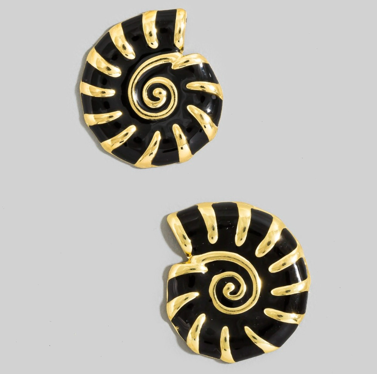 Black and gold enamel nautilus shell stud earrings with a polished stainless steel finish.