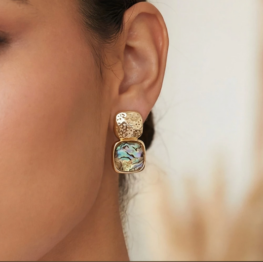 Gold textured drop earrings with iridescent blue faceted resin stones in a bezel setting.