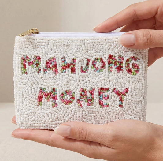 Ivory hand-beaded coin purse featuring colorful "Mahjong Money" lettering with a zip-top closure.