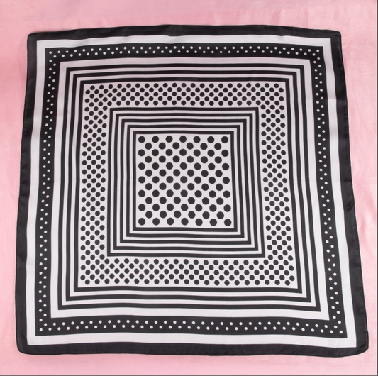 Black satin square scarf featuring a concentric square design with white polka dot accents and striped borders.