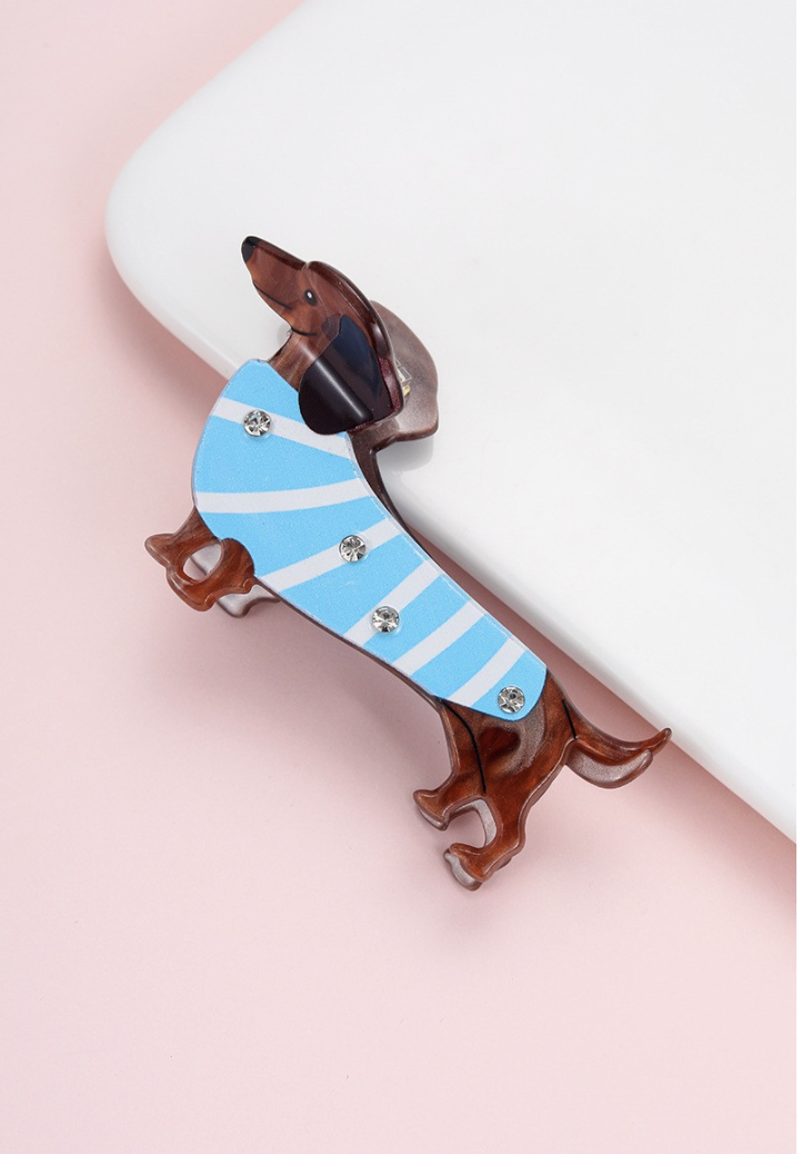 A Little Something blue dachshund dog hair claw clip with striped sweater and rhinestone accents.