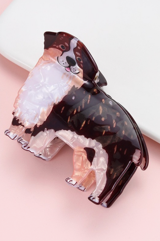 Every Step Dog Claw Clip Dark featuring a fluffy brown, black and cream dog design in an oversized hair claw style.