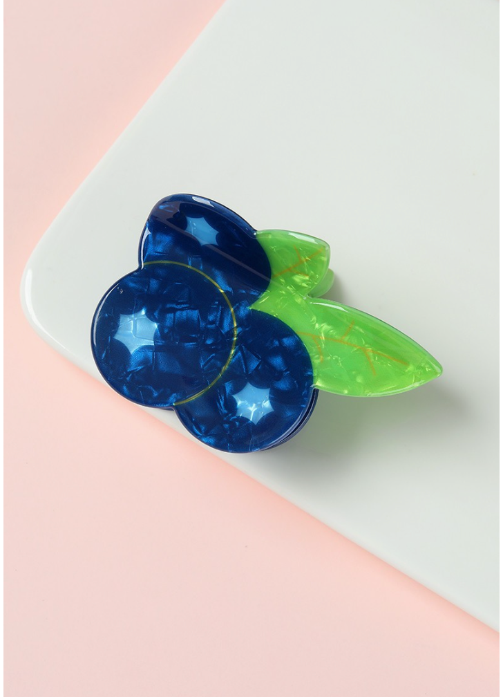 Zesty Claw Clip Blueberry featuring glossy marbled blue blueberries with bright green leaves in a novelty fruit hair claw design.