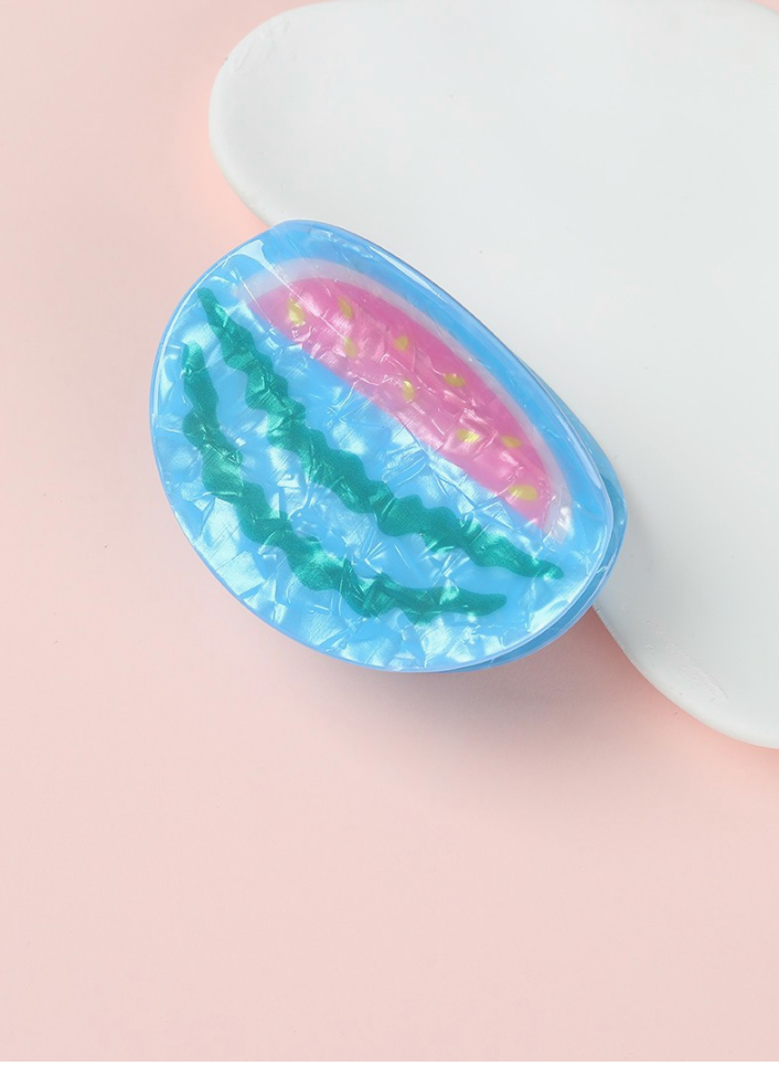 Sweet Summer Watermelon Claw Clip featuring pearly aqua blue, pink watermelon detail, golden seeds and wavy green rind accents.