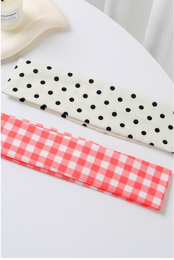 It's Fate Gingham Headband Set with red and white gingham and ivory black polka dot wide polyester headbands.