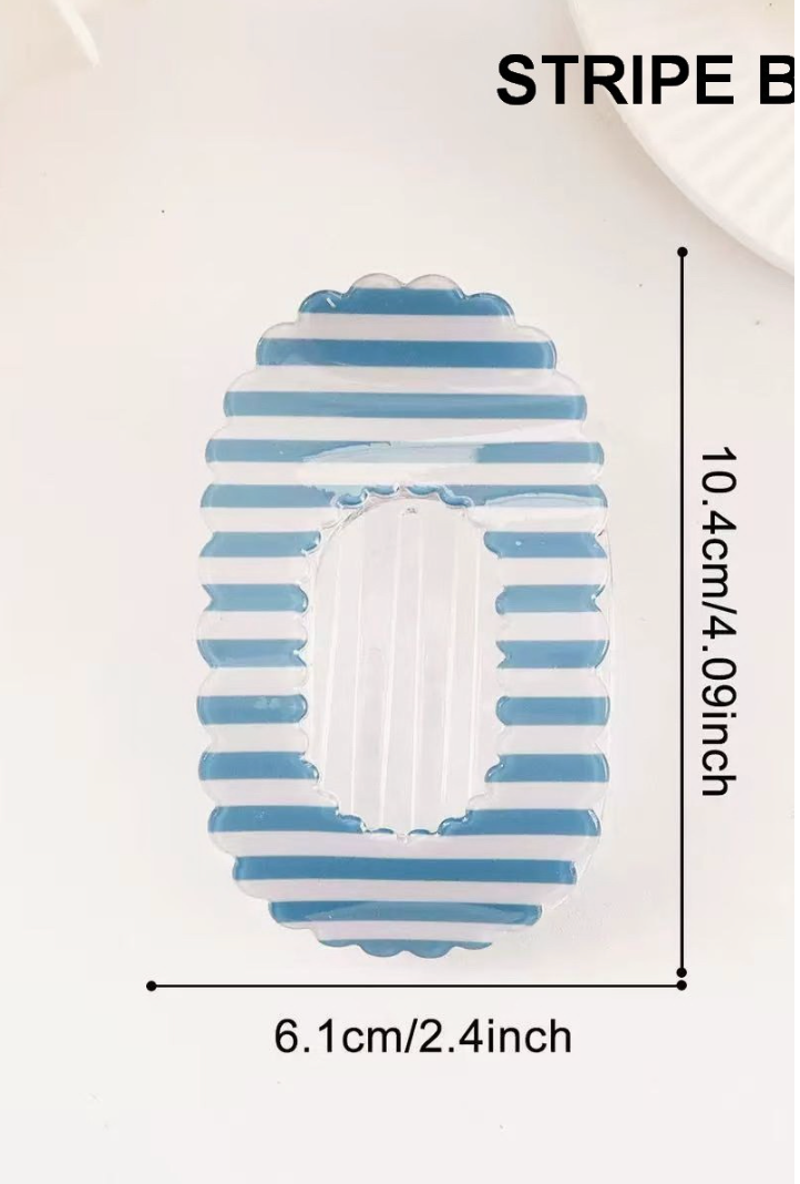 Lift You Up Claw Clip Blue featuring an oversized flat hair claw with blue and white stripes and scalloped edges.