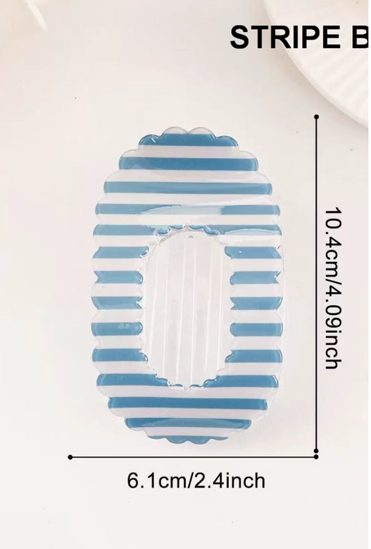 Lift You Up Claw Clip Blue featuring an oversized flat hair claw with blue and white stripes and scalloped edges.