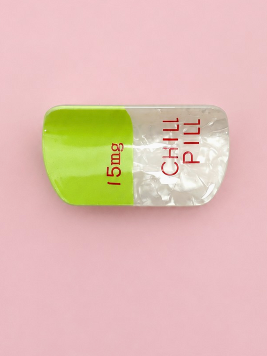 Chill Pill Claw Clip Lime novelty lime green and pearlescent white pill-shaped hair clip with red lettering