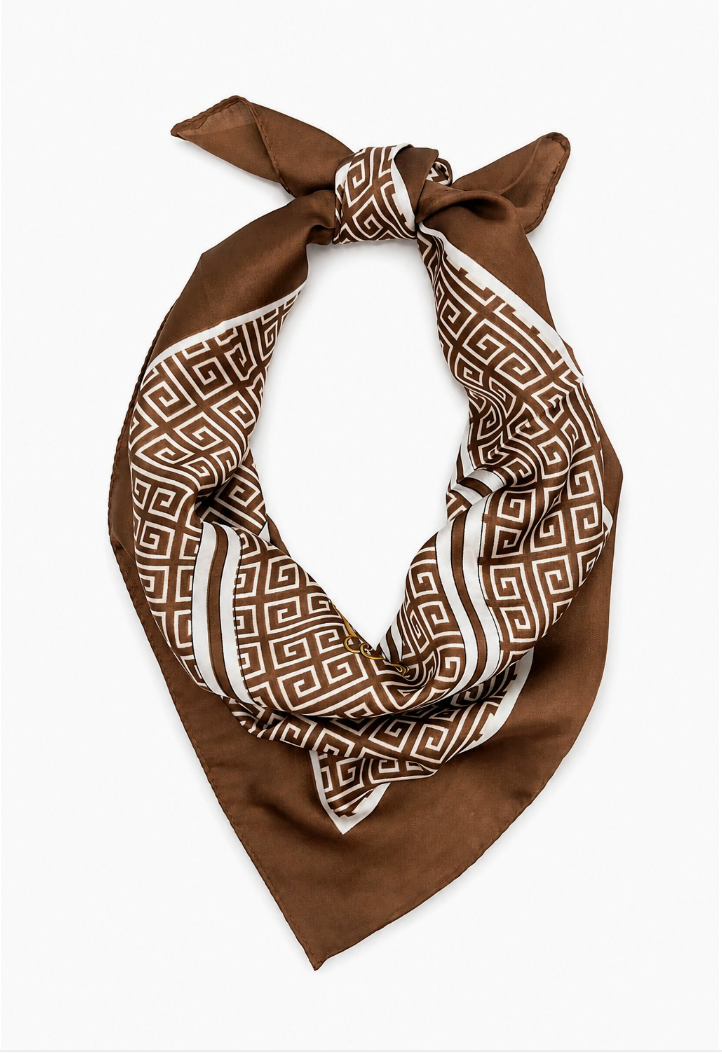 Get You Back Satin Scarf in brown with Greek key geometric print, striped border and horsebit accents
