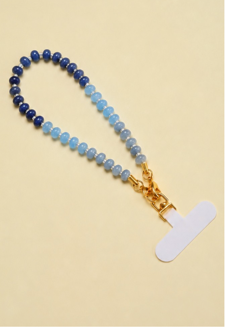 Getaway Car Phone Chain Blue 12-inch beaded phone wrist strap with navy, cobalt and light blue ombré beads and gold-tone hardware
