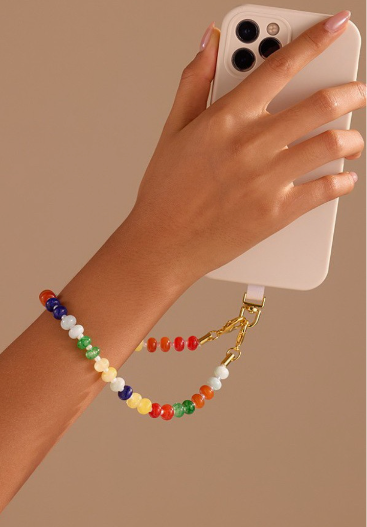 Getaway Car Phone Chain Multi 12-inch rainbow beaded phone wrist strap with colorful rondelle beads and gold-tone hardware