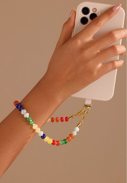 Getaway Car Phone Chain Multi 12-inch rainbow beaded phone wrist strap with colorful rondelle beads and gold-tone hardware