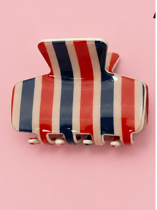 No Secrets Striped Claw Clip Red & Blue mini hair claw with red navy blue and cream vertical stripes and glossy finish