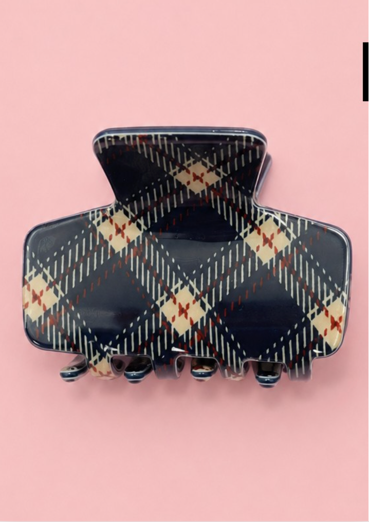 No Secrets Plaid Claw Clip mini hair claw with navy cream and red plaid pattern and glossy finish