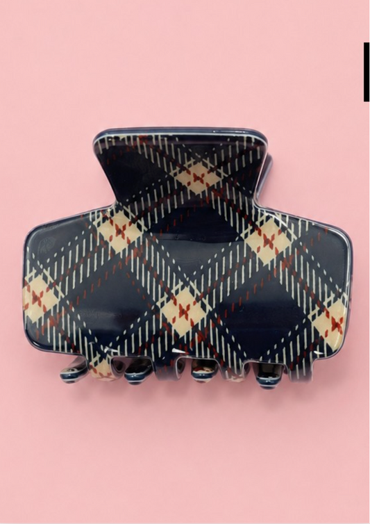 No Secrets Plaid Claw Clip mini hair claw with navy cream and red plaid pattern and glossy finish