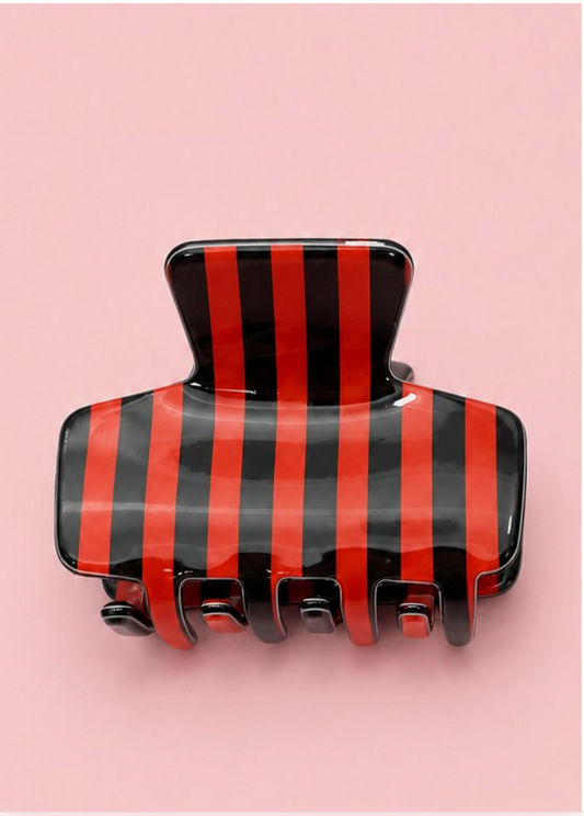 No Secrets Striped Claw Clip Red & Black mini hair claw with bold red and black vertical stripes and glossy finish