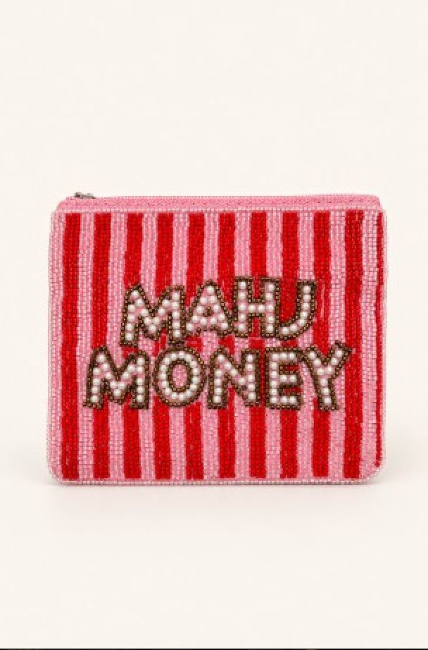 Pink and red striped Mahjong bead pouch coin purse with pearl MAHJ MONEY lettering