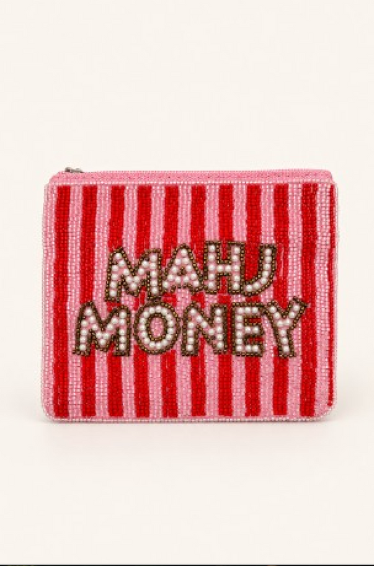 Pink and red striped Mahjong bead pouch coin purse with pearl MAHJ MONEY lettering
