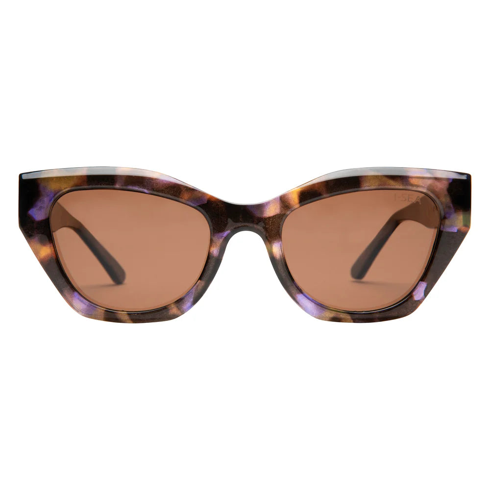 Sunglasses with tortoiseshell frame and brown lenses on a white background