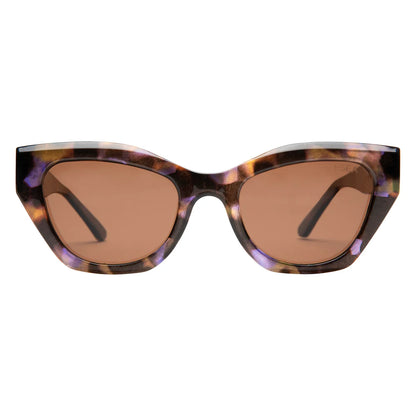 Sunglasses with tortoiseshell frame and brown lenses on a white background