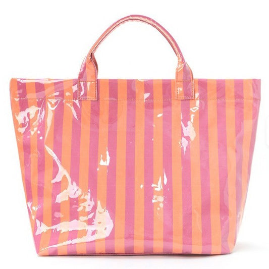 Striped tote bag with pink and orange horizontal stripes on a white background