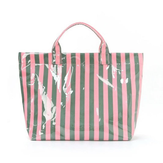 Striped tote bag with pink and green vertical stripes on a white background