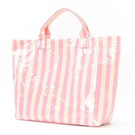 Pink and white striped tote bag on a white background