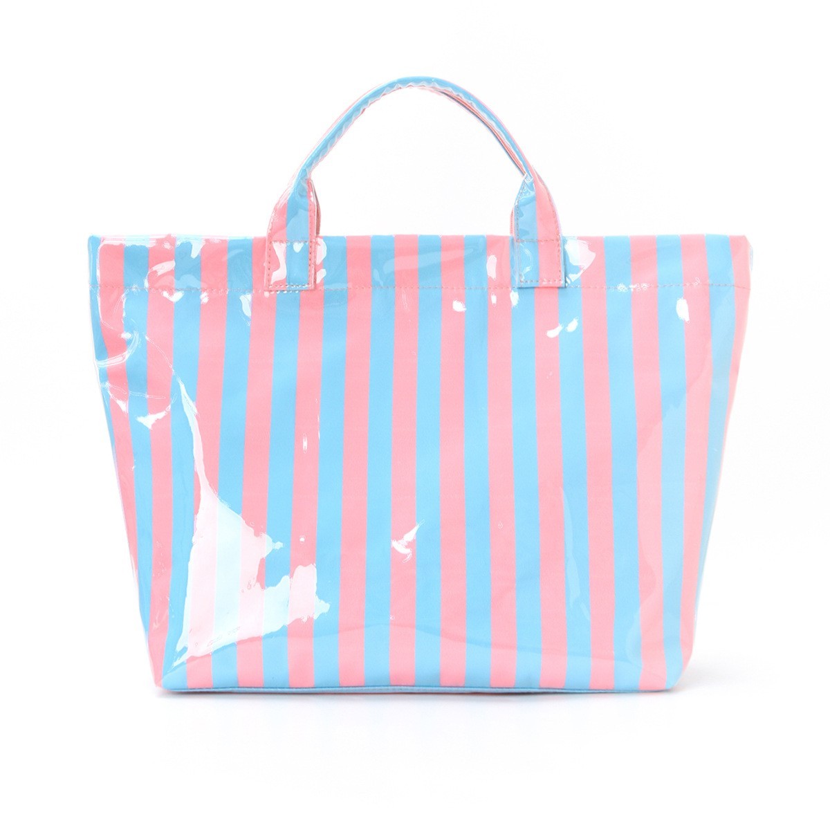 Striped tote bag with pink and blue vertical stripes on a white background
