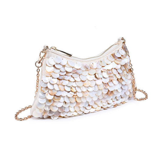 Sequined handbag with a gold chain on a white background