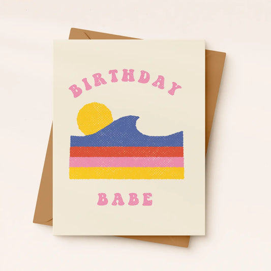 Birthday card with colorful design and 'Birthday Babe' text on a beige background