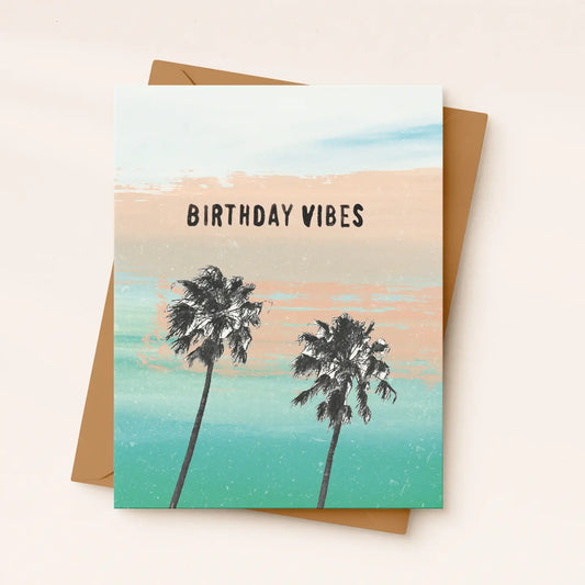 Greeting card with palm trees and 'Birthday Vibes' text on a colorful background