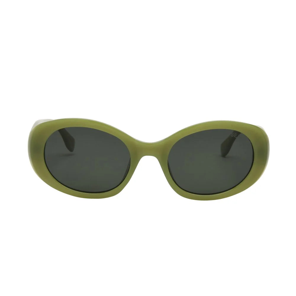 Green sunglasses with dark lenses on a white background