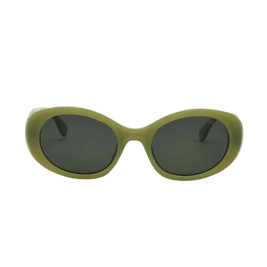 Green sunglasses with dark lenses on a white background