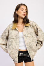 Load image into Gallery viewer, Model wearing Wooland Camo Oversized Trucker Jacket in cotton camo print with relaxed oversized fit